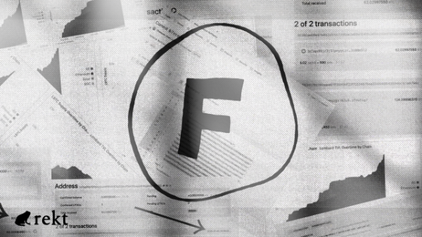 Rekt’s cover illustration combining balance charts and transaction records behind a large grade F.